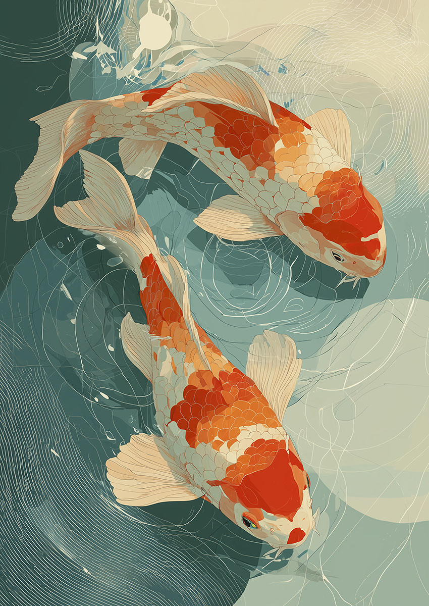 Artistic depiction of koi fish swimming gracefully in tranquil water surface.